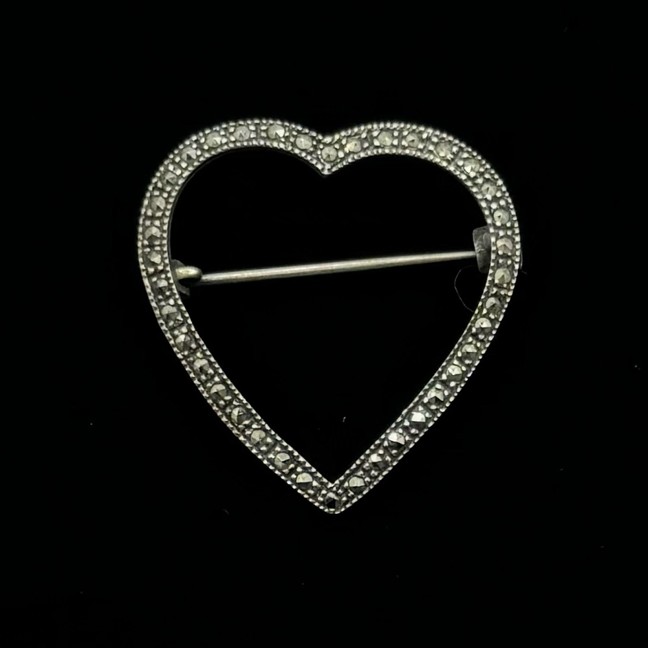 Vintage Sterling Silver Marcasite Heart Brooch